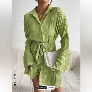 SHEIN BAE Flounce Sleeve Lettuce Trim Belted Shirt Dress